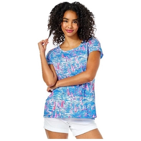 Lilly Pulitzer Etta Scoop Neck Top Tshirt boatylicious Zanzibar Blue Pink Small - Picture 1 of 7